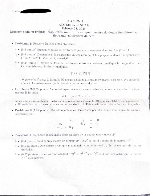 Examen 1 Álgebra Lineal 2025-1